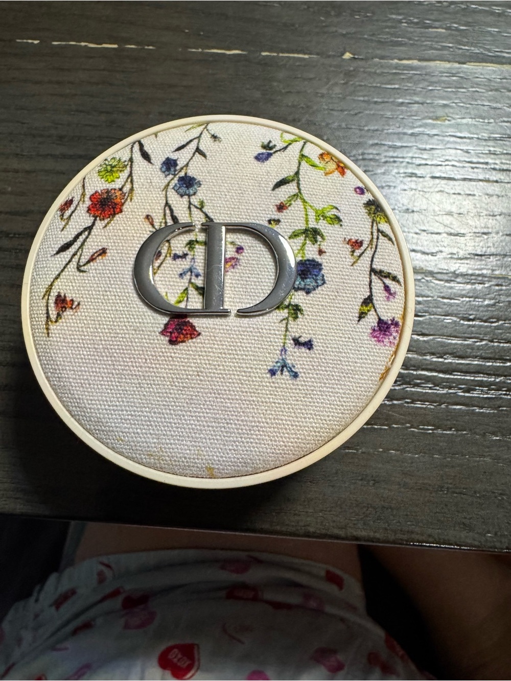 Dior Round Compact Mirror — White Canvas with Multicolor Floral Print